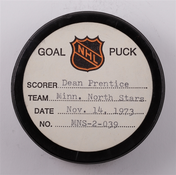 Dean Prentices Minnesota North Stars November 14th 1973 Goal Puck from the NHL Goal Puck Program - 2nd Goal of Season / Career Goal #391 of 391