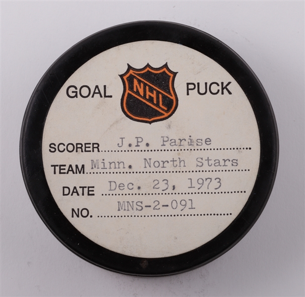 J.P. Parises Minnesota North Stars December 23rd 1973 Goal Puck from the NHL Goal Puck Program - 6th Goal of Season / Career Goal #122 of 238