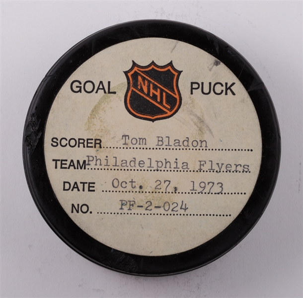 Tom Bladons Philadelphia Flyers October 27th 1973 Goal Puck from the NHL Goal Puck Program - 1st Goal of Season / Career Goal #12 of 73