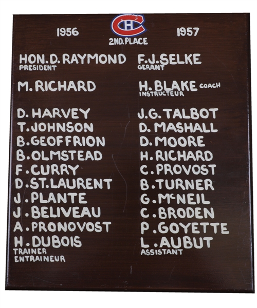 Montreal Canadiens 1956-57 Montreal Forum Dressing Room Team Plaque with LOA (13" x 15") 