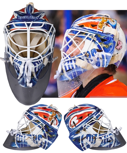 Devan Dubnyks 2013-14 Edmonton Oilers "Retro Style" Game-Worn Bauer Goalie Mask Painted by David Gunnarsson - Photo-Matched!