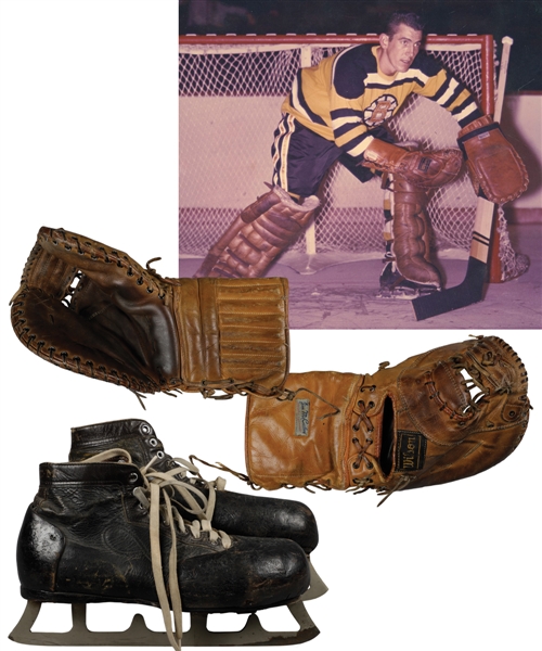 Don Simmons Circa Mid-1950s Wilson Game-Used Glove and CCM Game-Used Skates Attributed to Boston Bruins with Family LOA