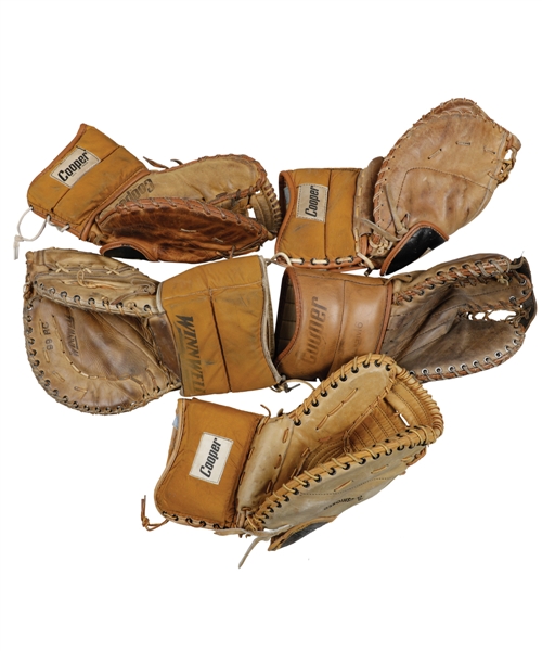 Vintage Goalie Glove Collection of 6 Displayed at "Simmons Sports" Store
