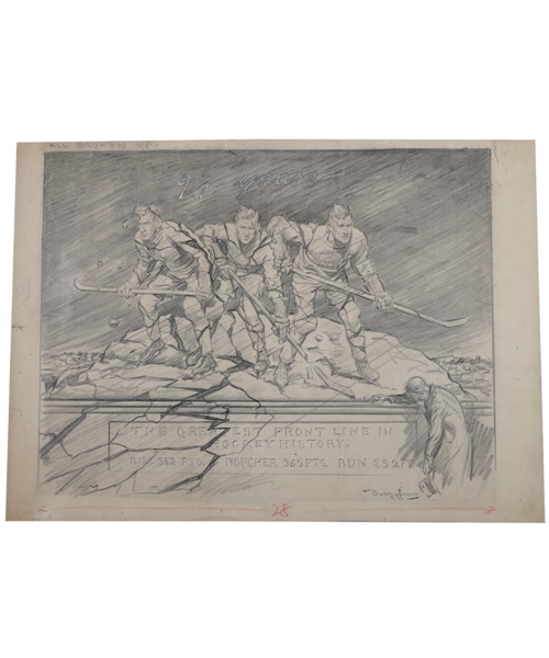 Vintage 1930s/1940s New York Rangers Artwork Collection of 3 Including "Bread Line" Artwork of Boucher and Cook Brothers
