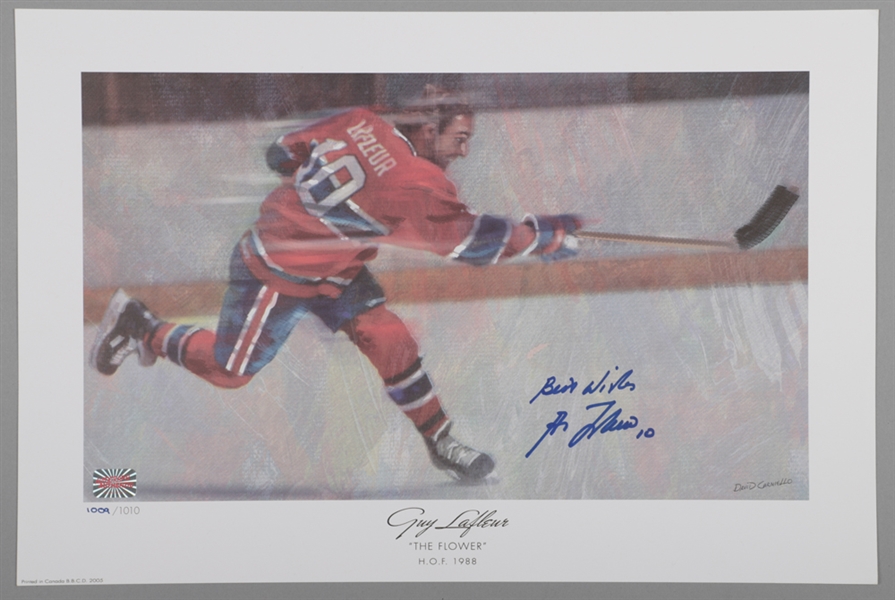 Beliveau, Lafleur, Geoffrion and Richard Bros Signed Montreal Canadiens Lithograph/Photo Collection of 5