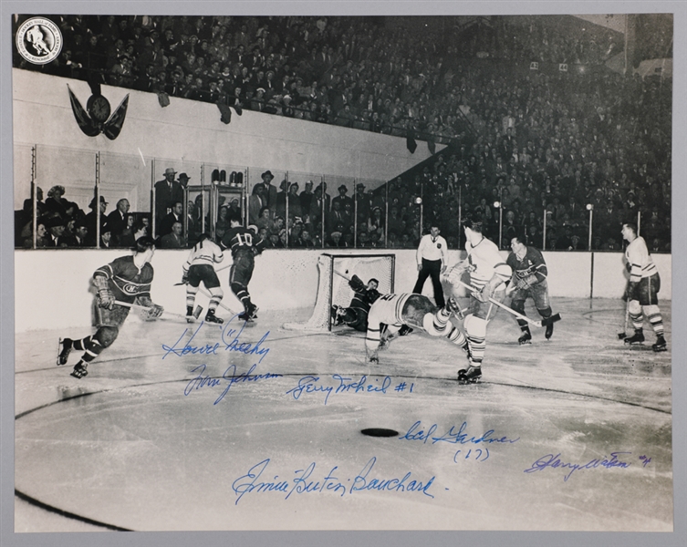 Multi-Signed Leafs/Canadiens Photo of Bill Barilkos Famous 1951 Goal with LOA (11” x 14”)