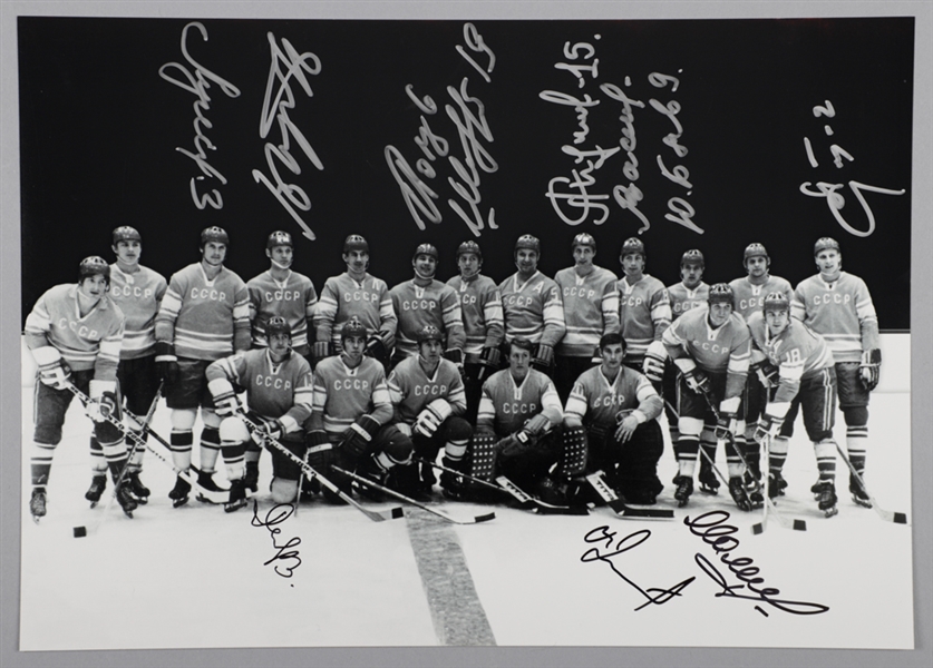 Soviet Union National Team 1972 Team-Signed Photograph with Tretiak, Yakushev and Mikhailov with LOA (10” x 14”)