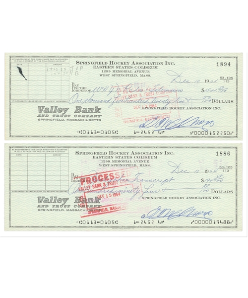 Deceased HOFer Eddie Shore Springfield Hockey Association Signed Checks (2) with LOA