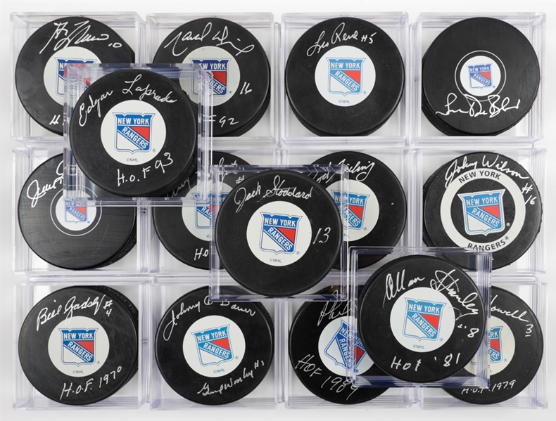 New York Rangers All-Time Greats Single-Signed Puck Collection of 15 Including Esposito, Howell, Gadsby, Ratelle, Dionne, Bathgate and Others with LOA