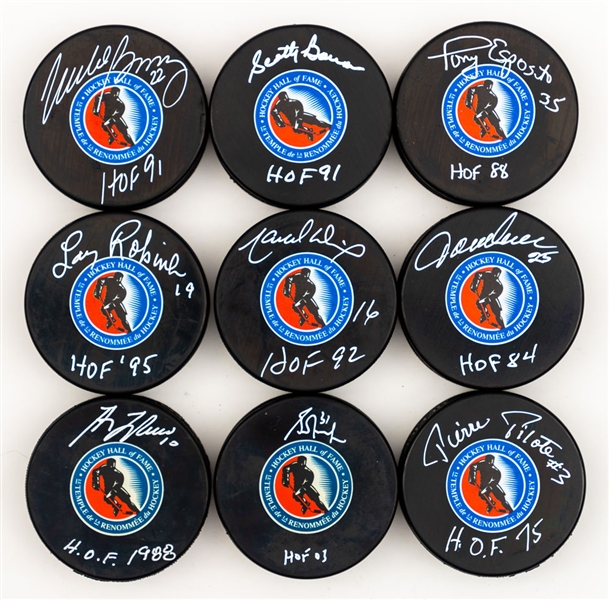 Hall of Famers Single Signed Puck Collection of 9 with LOA