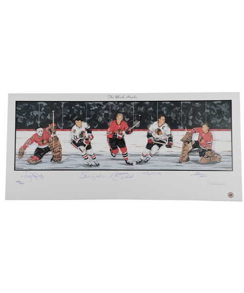 Chicago Black Hawks Limited-Edition Lithograph Autographed by 5 HOFers with LOA (18" x 39")