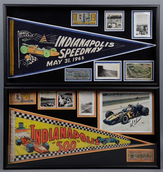 Indianapolis 500 Car Racing Framed Shadow Box Montage Collection of 2 with 1950s and 1960s Pennants, Tickets and Photos (Both 
