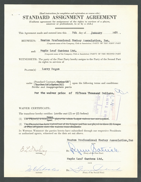 Larry Regans 1959 NHL Standard Assignment Agreement Signed by Deceased HOFers Lynn Patrick and Punch Imlach