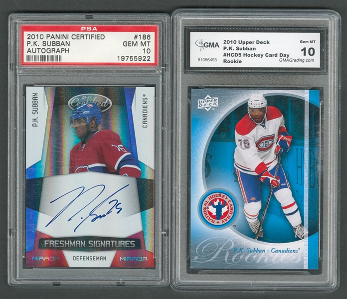 2010-11 Panini Certified Freshman Signatures Card #186 P.K. Subban RC Graded SA 10, 2014-15 Upper Deck Premier Emblems P.K. Subban #01/25 Plus Signed McFarlane Figurine and More!