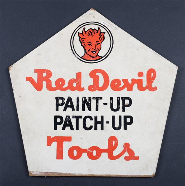 Antique Circa 1920s Red Devil Tools Display Sign, 1930s Catalog of Merchandise and 1970s Termometer 