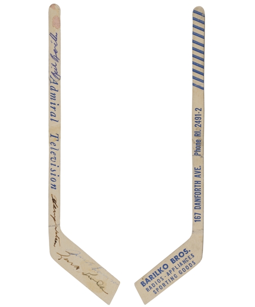 Barilko Bros Store Advertising Mini Stick Signed by Bill Barilko, Turk Broda, Harry Watson and Jim Thomson with JSA LOA