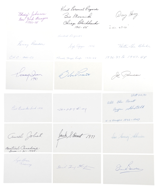 Vintage Hockey Autograph Collection Including Signed Index Cards of Deceased HOFers (33) Plus Signed Framed Displays of Foster Hewitt and Frank Selke/Clarence Campbell