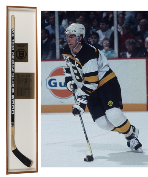 Ray Bourques 1991-92 Boston Bruins "1,000th NHL Point" Game-Used Stick in Display Case with His Signed LOA