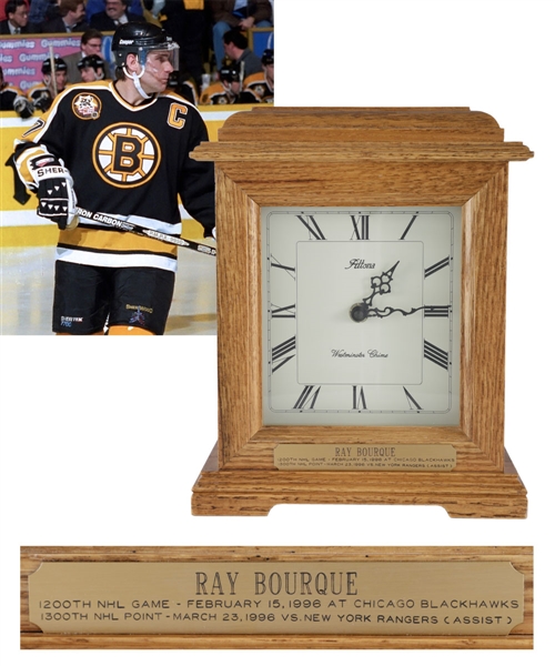 Ray Bourques 1995-96 Boston Bruins "1200th NHL Game" and "1300th NHL Point" Presentational Clock with His Signed LOA (10 ½”)