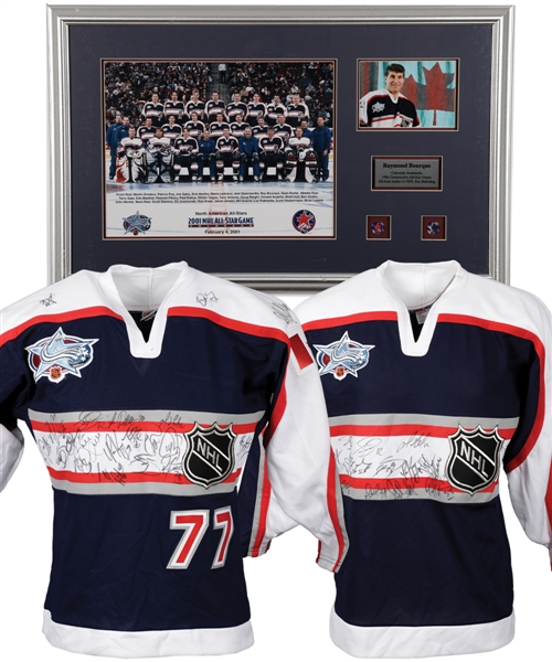 Ray Bourques 2001 NHL All-Star Game North American Team Team-Signed Jerseys (2) and Framed Team Photo with His Signed LOA