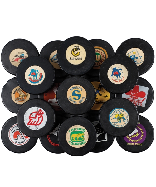 1972-1979 Biltrite, Art Ross, Viceroy and Other Maker WHA Game Puck Collection of 30