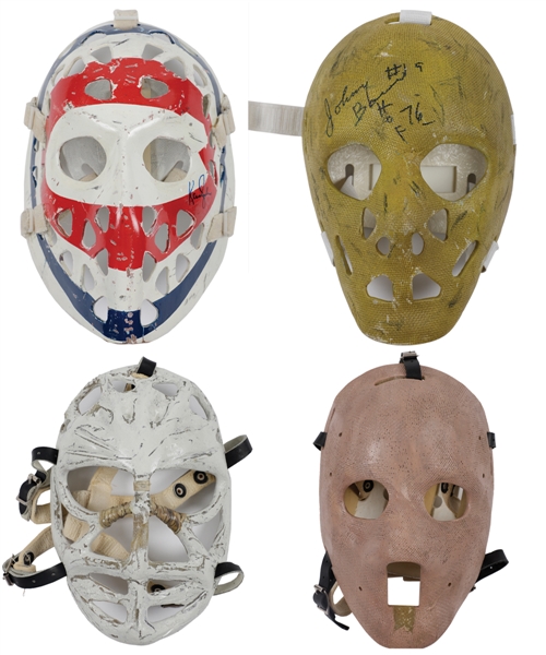 Replica Goalie Mask Collection of 4 Including Signed Ken Dryden and Johnny Bower Masks