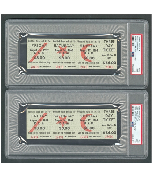 Historic 1969 Woodstock Music Festival Full 3-Day $24.00 Unused Tickets (2) - Both Graded PSA 9