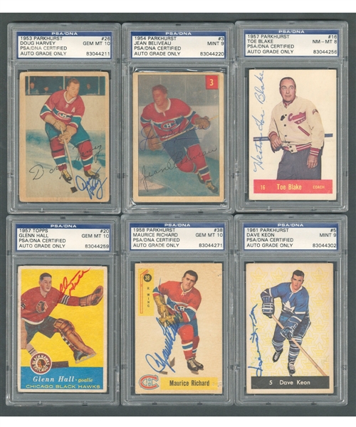 1953-54 to 1968-69 Parkhurst, Topps and O-Pee-Chee PSA-Certified Signed Hockey Card Collection of 19 Including Doug Harvey, Maurice Richard, Toe Blake (2), Gordie Howe (3) and Others