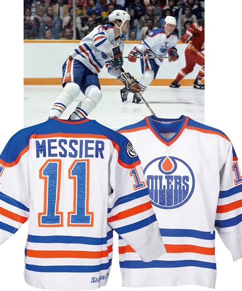 Mark Messiers 1981-82 Edmonton Oilers Game-Worn Jersey from the Michael Wexler Collection - 50-Goal Season! - Team Repairs! - Photo-Matched!
