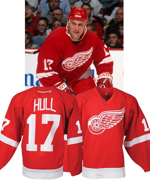 Brett Hulls 2001-02 Detroit Red Wings Game-Worn Jersey with Team COA - 15+ Team Repairs! 