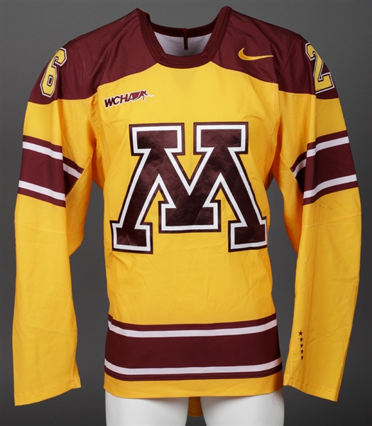 Christian Isacksons 2011-13 WCHA University of Minnesota Golden Gophers Game-Worn Gold Alternate Jersey