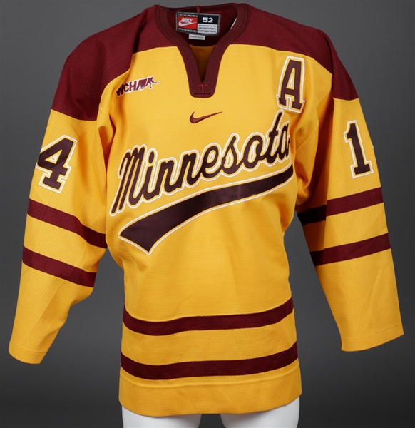 Justin Bostroms 2008-09 WCHA University of Minnesota Golden Gophers Game-Worn Alternate Captains Script "Minnesota" Third Jersey 