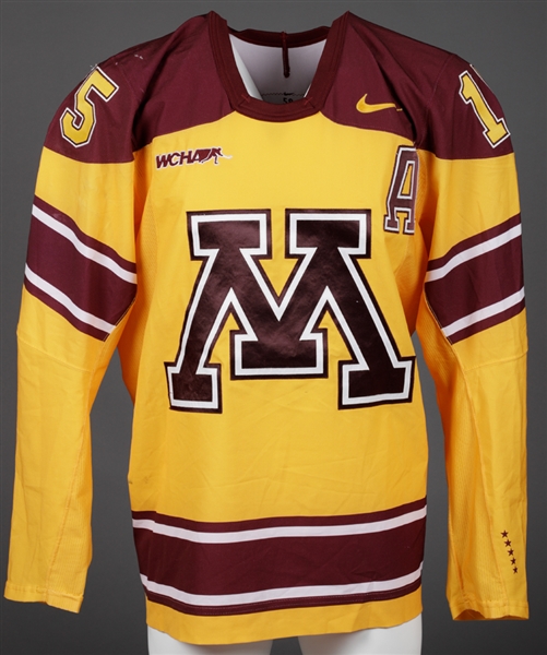 Joe Millers 2011-12 WCHA University of Minnesota Golden Gophers Game-Worn Alternate Captains Gold Third Jersey 