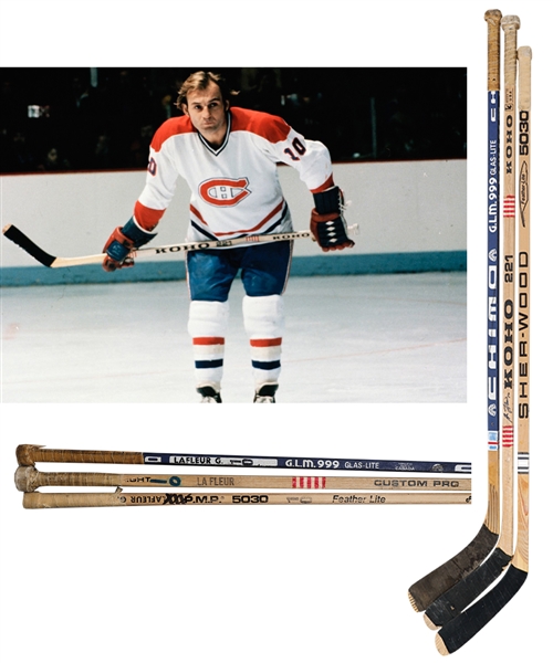 Guy Lafleurs Mid-1970s Montreal Canadiens Signed Koho Game-Used Stick, 1981-82 Montreal Canadiens Sher-Wood Game-Used Stick and Late-1980s Rangers/Nordiques Chimo Game-Used Stick