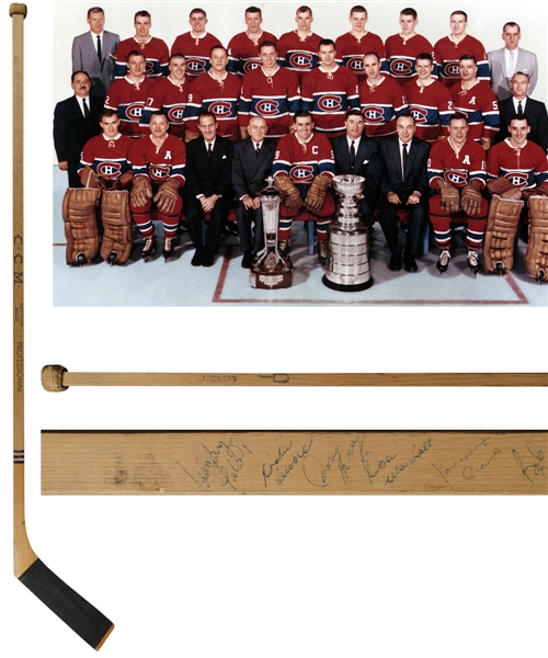 Tom Johnsons 1959-60 Stanley Cup Champions Montreal Canadiens Team-Signed Game-Used Stick Including Signatures of Deceased HOFers Rocket Richard, Harvey, Plante, Beliveau, Moore, Johnson and Blar