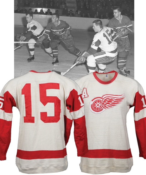 Detroit Red Wings 1957-58 Game-Worn Wool Jersey with Alternate Captains "A" - Team Repairs!