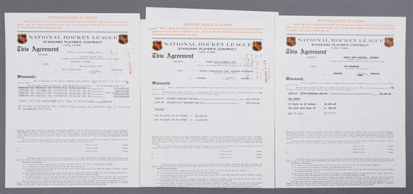 Toronto Maple Leafs 1970s Official NHL Contracts (4) of Favell, Boutette and Ferguson Including Signatures of HOFers Conn Smythe (Deceased) and Jim Gregory