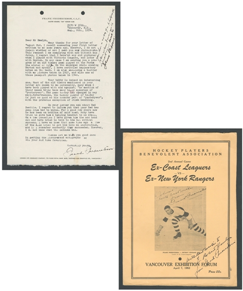 Deceased HOFer Frank Fredrickson (Winnipeg Falcons - Victoria Cougars/Aristocrats - Boston Bruins) Signed 1952 Program and Signed 1954 Letter from the E. Robert Hamlyn Collection