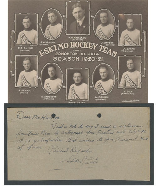 Deceased HOFer Duke Keats (Toronto Blueshirts - Edmonton Eskimos - Detroit Cougars - Chicago Black Hawks) Signed 1959 Note from the E. Robert Hamlyn Collection
