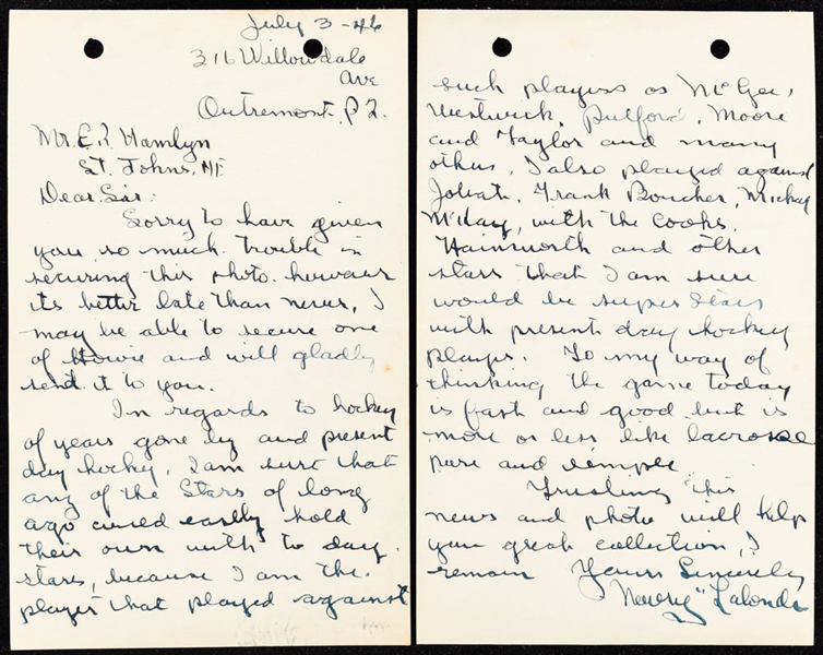 Deceased HOFer Newsy Lalonde (Montreal Canadiens, Saskatoon Crescents/Sheiks) Signed 1946 Letter from the E. Robert Hamlyn Collection with JSA LOA