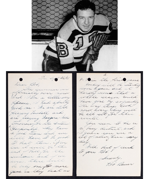 Deceased HOFer Bobby Bauer Boston Bruins Signed 1941 Letter from the E. Robert Hamlyn Collection