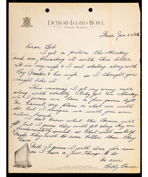 Deceased HOFer Bobby Bauer Boston Bruins Signed 1942 Letter from the E. Robert Hamlyn Collection