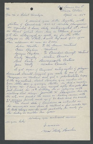 William "Billy" Boucher (Montreal Canadiens - Boston Bruins - NY Americans) Signed 1954 Letter from the E. Robert Hamlyn Collection
