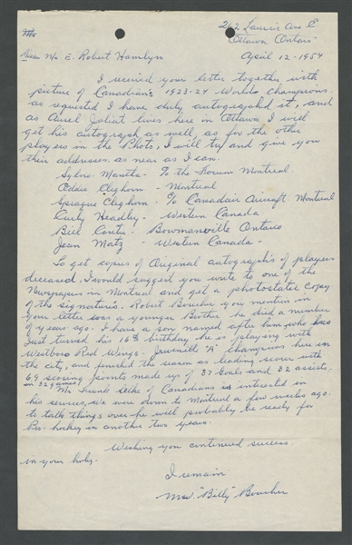 William "Billy" Boucher (Montreal Canadiens - Boston Bruins - NY Americans) Signed 1954 Letter from the E. Robert Hamlyn Collection