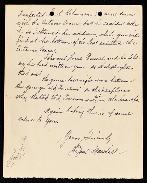 Deceased HOFer John "Jack" Marshall (Montreal AAA - Montreal Wanderers - Toronto Blueshirts) Signed 1954 Letter from the E. Robert Hamlyn Collection