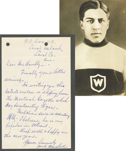 Deceased HOFer John "Jack" Marshall (Montreal AAA - Montreal Wanderers - Toronto Blueshirts) Signed Letter from the E. Robert Hamlyn Collection