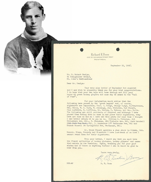 Deceased HOFer Richard "Dickie" Boon (Montreal AAA - Montreal Wanderers) Signed 1952 Letter from the E. Robert Hamlyn Collection