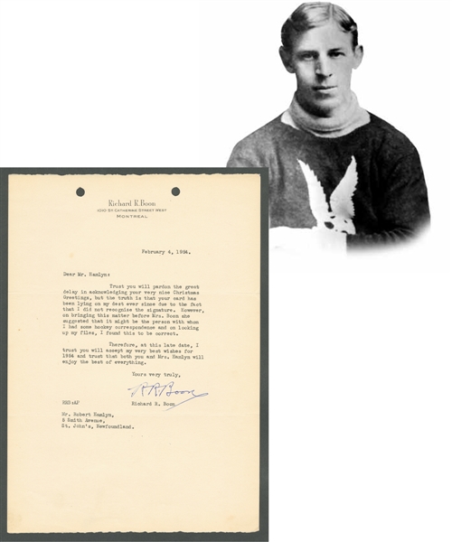 Deceased HOFer Richard "Dickie" Boon (Montreal AAA - Montreal Wanderers) Signed 1954 Letter from the E. Robert Hamlyn Collection