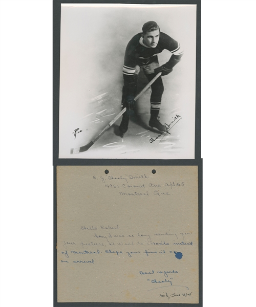 Deceased HOFer Hooley Smith (Ottawa Senators - Montreal Maroons - NY Americans) Signed 1945 Note from the E. Robert Hamlyn Collection Plus Hooley Smith Montreal Maroons Rice Studios Photo
