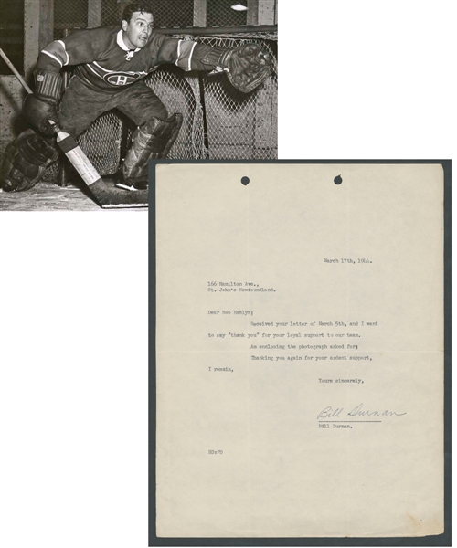 Deceased HOFer Bill Durnan (Montreal Canadiens) Signed 1944 Rookie Season Letter from the E. Robert Hamlyn Collection